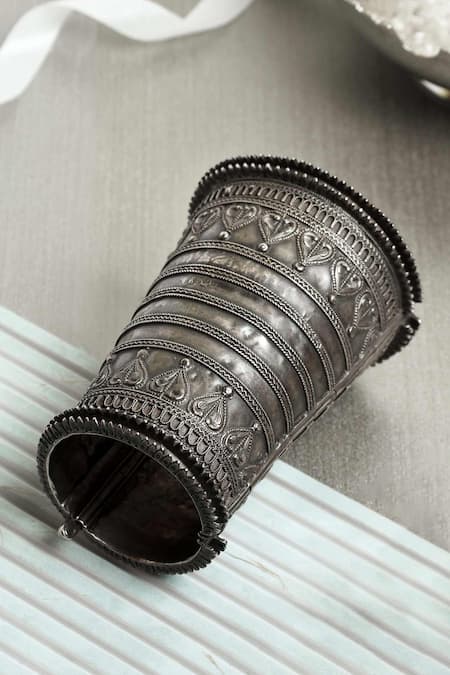 Mero Jewellery Silver Plated Carved Vintage Tribal Cuff 