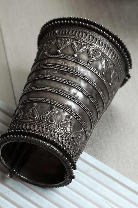 Shop Mero Jewellery Silver Plated Carved Vintage Tribal Cuff at Aza Fashions Shop_Mero Jewellery_Silver Plated Carved Vintage Tribal Cuff_at_Aza_Fashions