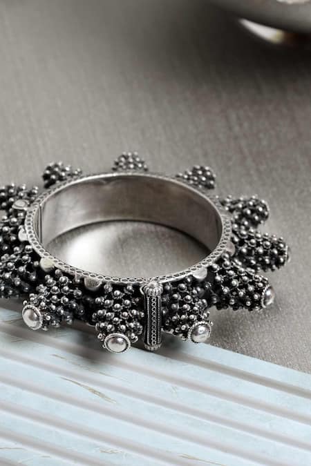 Shop Mero Jewellery Silver Plated Textured Spoke Kada at Aza Fashions Shop_Mero Jewellery_Silver Plated Textured Spoke Kada _at_Aza_Fashions