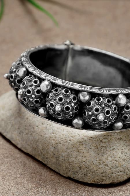 Shop Mero Jewellery Silver Plated Dome Pattern Tribal Kada at Aza Fashions Shop_Mero Jewellery_Silver Plated Dome Pattern Tribal Kada _at_Aza_Fashions