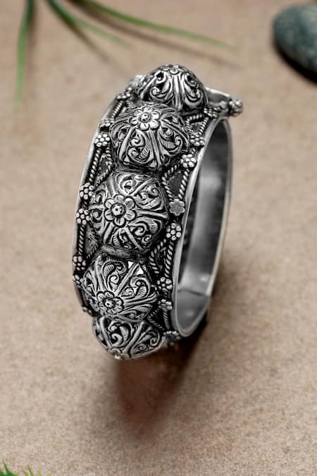 Shop Mero Jewellery Silver Plated Floral Carved Chitai Handcuff at Aza Fashions Shop_Mero Jewellery_Silver Plated Floral Carved Chitai Handcuff _at_Aza_Fashions