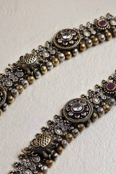 Shop Mero Jewellery Silver Plated Crystals, Beads Elephant Carved Anklet - Set Of 2 at Aza Fashions Shop_Mero Jewellery_Silver Plated Crystals, Beads Elephant Carved Anklet - Set Of 2_at_Aza_Fashions