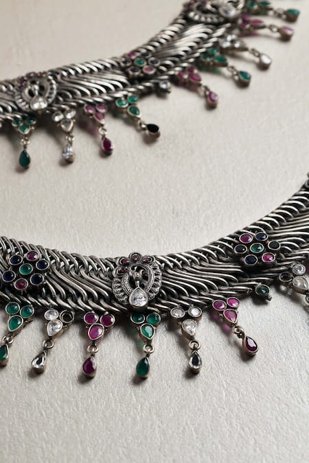 Shop Mero Jewellery Silver Plated Stones Peacock Carved Cutwork Anklet - Set Of 2 at Aza Fashions Shop_Mero Jewellery_Silver Plated Stones Peacock Carved Cutwork Anklet - Set Of 2 _at_Aza_Fashions