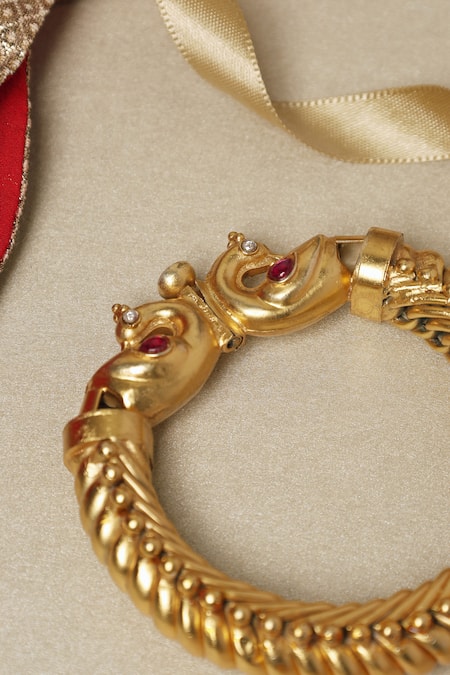 Shop Mero Jewellery Gold Plated Imitation Kundan Embellished Peacock Shindeshahi Tode Bangle at Aza Fashions Shop_Mero Jewellery_Gold Plated Imitation Kundan Embellished Peacock Shindeshahi Tode Bangle _at_Aza_Fashions