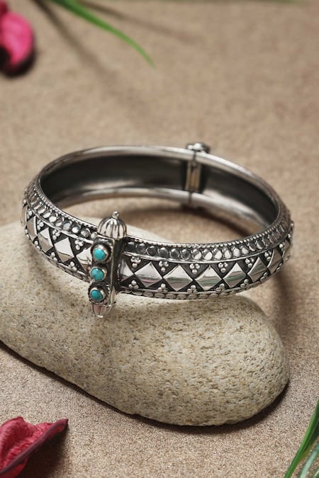 Shop_Mero Jewellery_Blue Stone Bohemian Carved Kada _at_Aza_Fashions