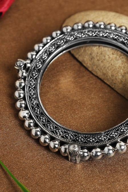 Shop Mero Jewellery Silver Plated Beads Carved Embellished Kada at Aza Fashions Shop_Mero Jewellery_Silver Plated Beads Carved Embellished Kada _at_Aza_Fashions