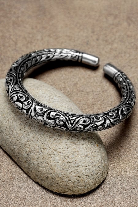 Shop Mero Jewellery Silver Plated Floral Chitai Cuffs at Aza Fashions Shop_Mero Jewellery_Silver Plated Floral Chitai Cuffs _at_Aza_Fashions