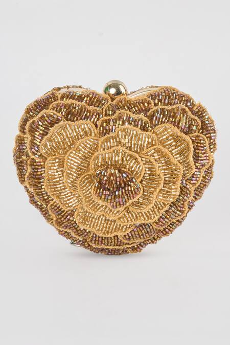 Shop Tasna Gold Crystals, Cut Work Heart Shaped Clutch at Aza Fashions Shop_Tasna_Gold Crystals, Cut Work Heart Shaped Clutch _at_Aza_Fashions