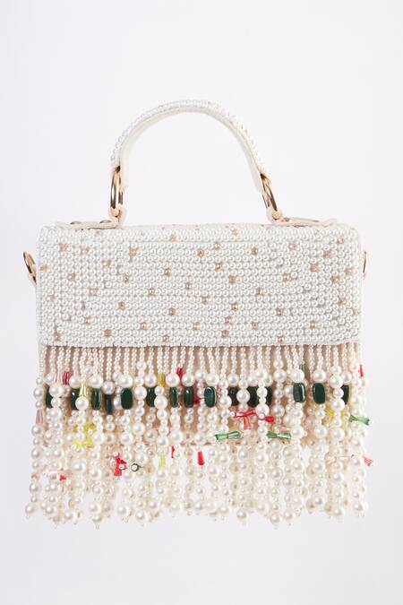 Tasna White Bead Crystal Embellished Clutch at Aza Fashions Tasna_White Bead Crystal Embellished Clutch _at_Aza_Fashions