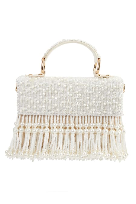 Shop Tasna White Pearls, Crystals And Embellished Clutch at Aza Fashions Shop_Tasna_White Pearls, Crystals And Embellished Clutch _at_Aza_Fashions