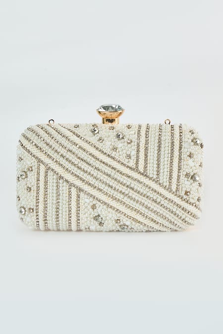 Shop Tasna White Pearl Studded Clutch at Aza Fashions Shop_Tasna_White Pearl Studded Clutch _at_Aza_Fashions