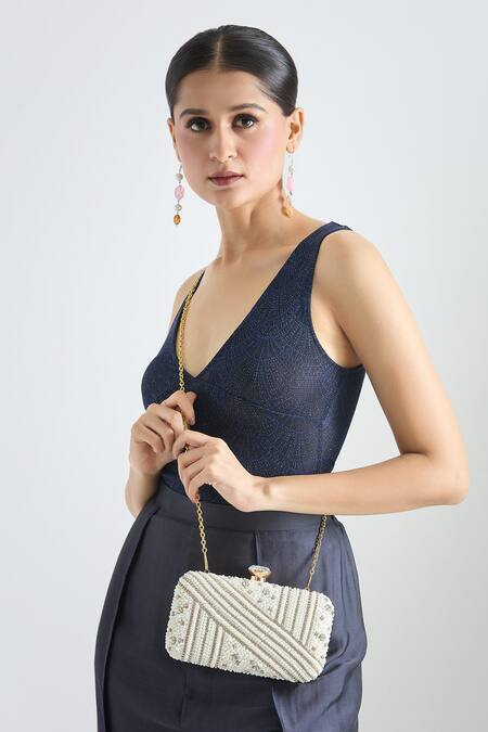 Tasna White Pearl Studded Clutch at Aza Fashions Tasna_White Pearl Studded Clutch _at_Aza_Fashions