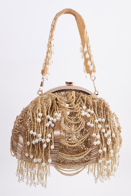 Shop Tasna Gold Cutdana Pearl Embellished Potli at Aza Fashions Shop_Tasna_Gold Cutdana Pearl Embellished Potli _at_Aza_Fashions