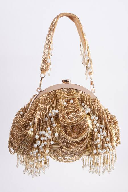 Buy Tasna Gold Cutdana Pearl Embellished Potli Online at Aza Fashions Buy_Tasna_Gold Cutdana Pearl Embellished Potli _Online_at_Aza_Fashions