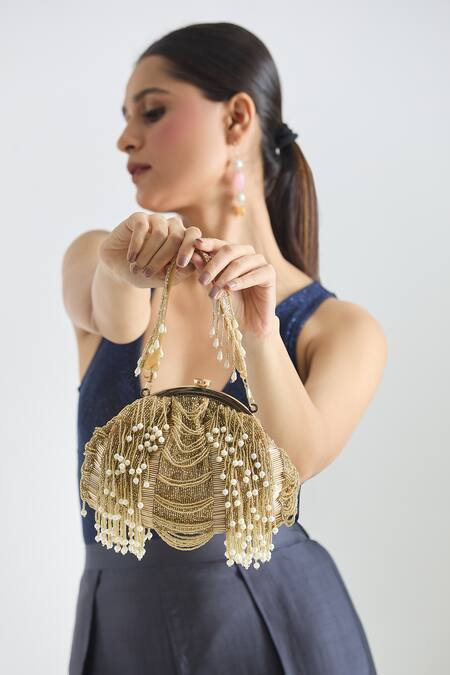 Shop Tasna Gold Cutdana Pearl Embellished Potli Online at Aza Fashions Shop_Tasna_Gold Cutdana Pearl Embellished Potli _Online_at_Aza_Fashions