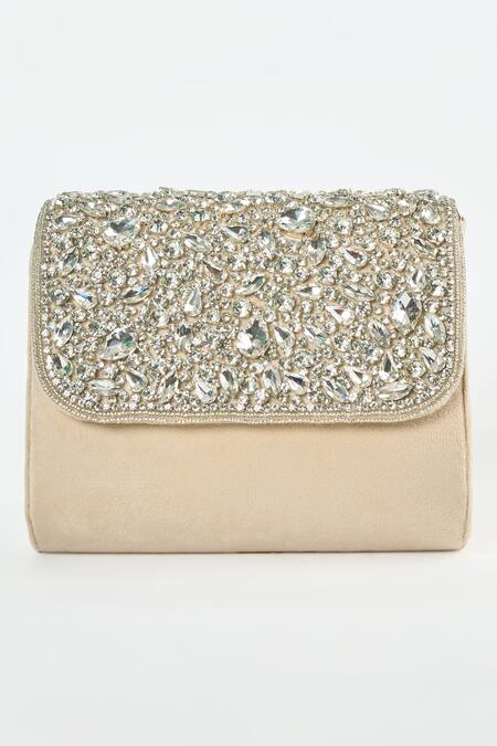 Shop Tasna Beige Diamond Crystal Embellished Clutch at Aza Fashions Shop_Tasna_Beige Diamond Crystal Embellished Clutch _at_Aza_Fashions
