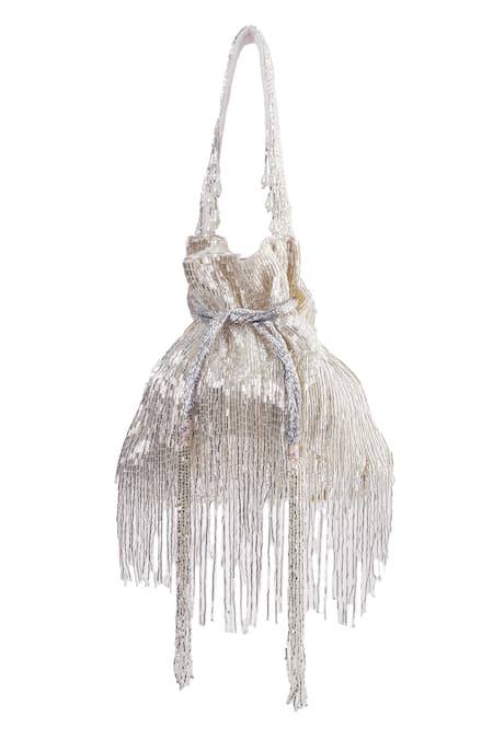 Shop Tasna Silver Cutdana Tassel Embellished Potli at Aza Fashions Shop_Tasna_Silver Cutdana Tassel Embellished Potli _at_Aza_Fashions