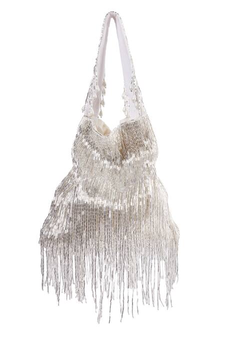 Shop Tasna Silver Cutdana Tassel Embellished Potli Online at Aza Fashions Shop_Tasna_Silver Cutdana Tassel Embellished Potli _Online_at_Aza_Fashions