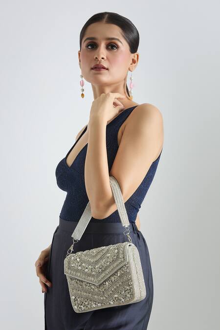 Shop Tasna White Diamond Embellished Clutch Online at Aza Fashions Shop_Tasna_White Diamond Embellished Clutch _Online_at_Aza_Fashions