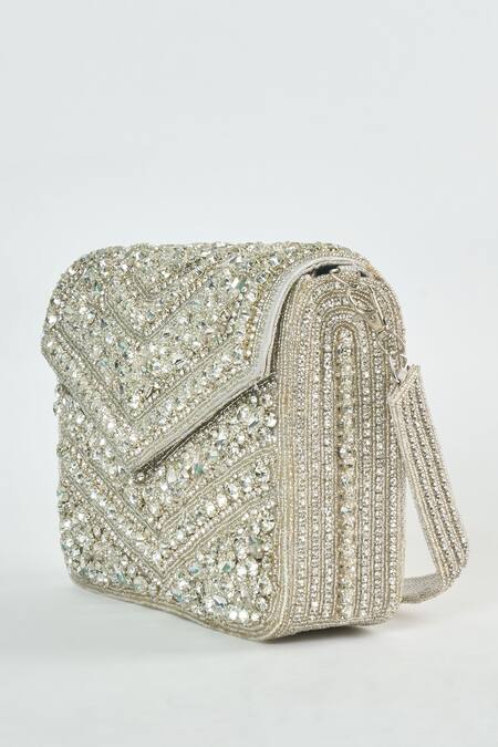Tasna White Diamond Embellished Clutch at Aza Fashions Tasna_White Diamond Embellished Clutch _at_Aza_Fashions