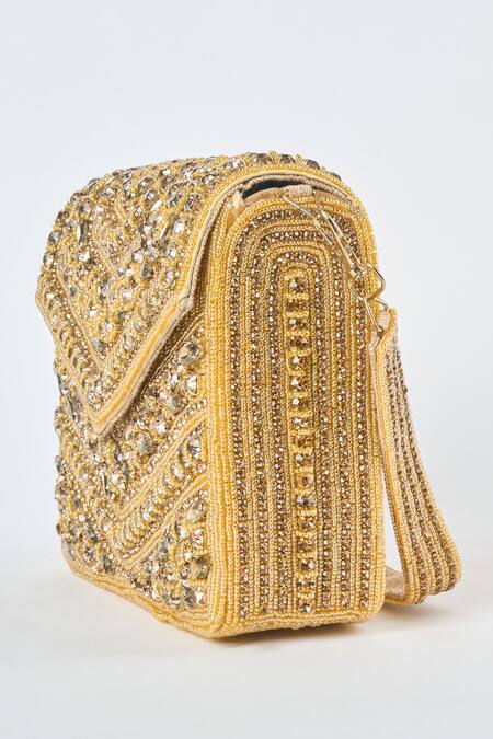 Shop_Tasna_Gold Diamond Studded Clutch_Online_at_Aza_Fashions