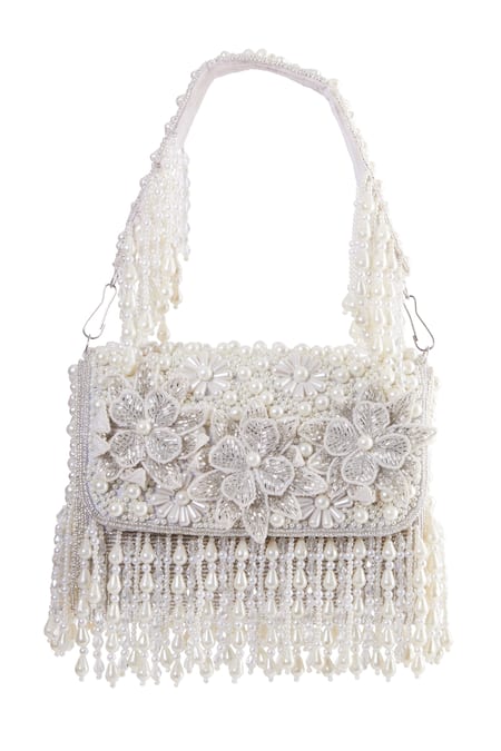 Shop Tasna Silver Cutdana Flower Embossed Clutch at Aza Fashions Shop_Tasna_Silver Cutdana Flower Embossed Clutch _at_Aza_Fashions