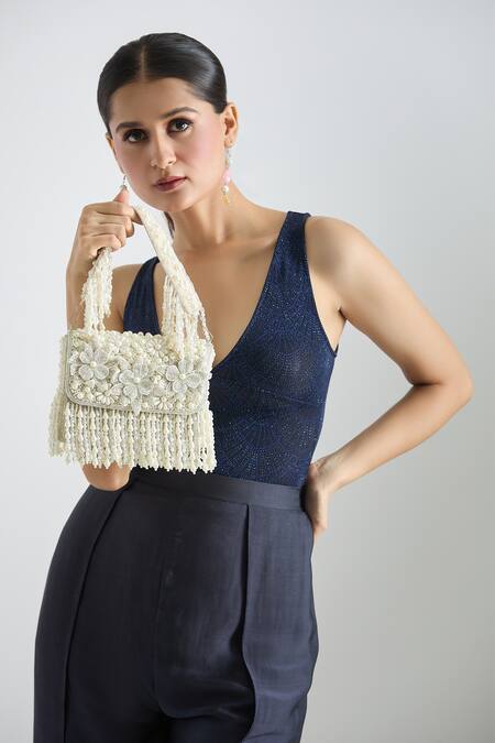 Shop Tasna Silver Cutdana Flower Embossed Clutch Online at Aza Fashions Shop_Tasna_Silver Cutdana Flower Embossed Clutch _Online_at_Aza_Fashions