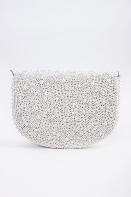 Shop Tasna Gold Pearl Embellished Clutch at Aza Fashions Shop_Tasna_Gold Pearl Embellished Clutch _at_Aza_Fashions