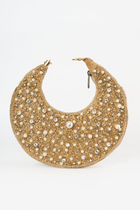 Shop Tasna Gold Cutdana Glimmering Crescent Handbag at Aza Fashions Shop_Tasna_Gold Cutdana Glimmering Crescent Handbag _at_Aza_Fashions