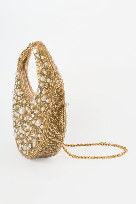 Shop Tasna Gold Cutdana Glimmering Crescent Handbag Online at Aza Fashions Shop_Tasna_Gold Cutdana Glimmering Crescent Handbag _Online_at_Aza_Fashions