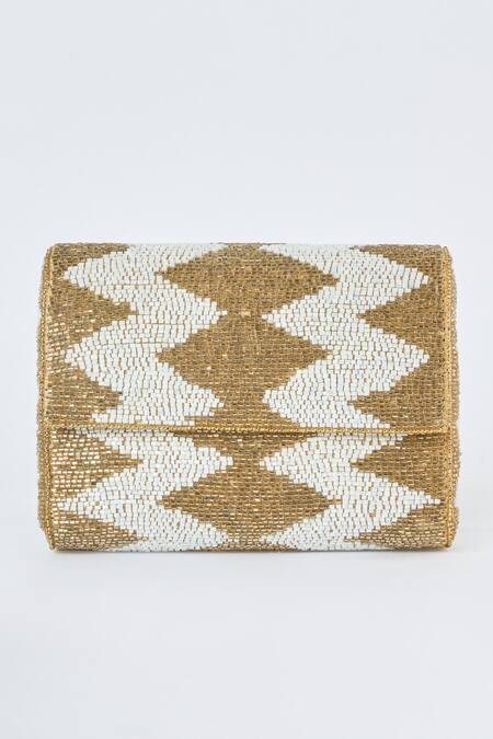 Shop Tasna Gold Cutdana Chevron Embellished Bag at Aza Fashions Shop_Tasna_Gold Cutdana Chevron Embellished Bag _at_Aza_Fashions