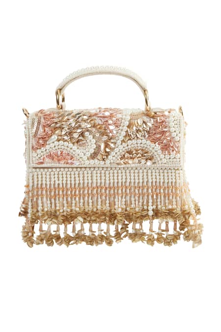 Shop Tasna Peach Sequin Flora Embroidered Sling Bag at Aza Fashions Shop_Tasna_Peach Sequin Flora Embroidered Sling Bag _at_Aza_Fashions
