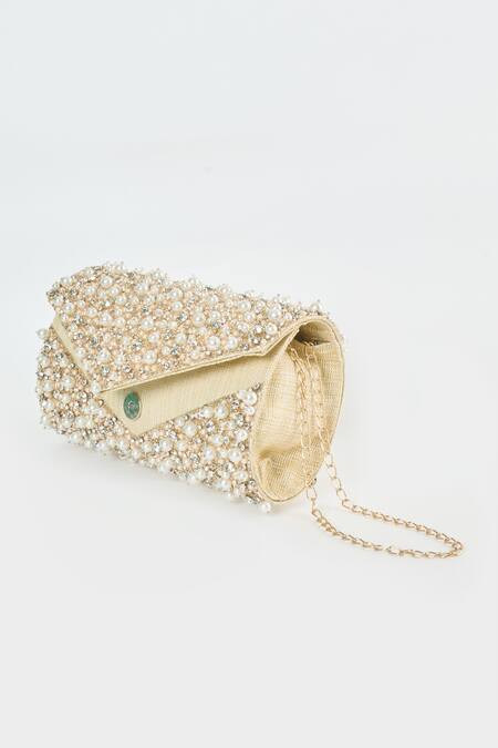 Tasna_Rose Gold Cut Work, Pearls, Stones Glitzy Embroidered Clutch_Online_at_Aza_Fashions