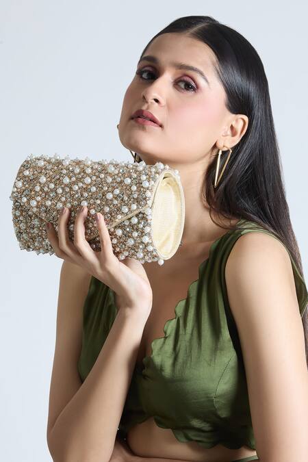 Shop_Tasna_Rose Gold Cut Work, Pearls, Stones Glitzy Embroidered Clutch_Online_at_Aza_Fashions