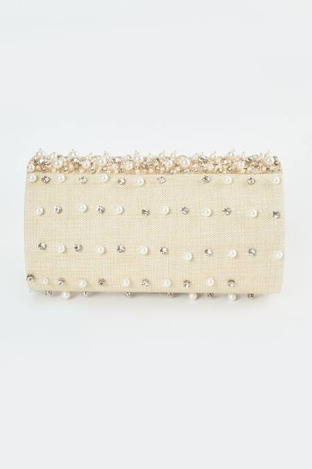 Tasna_Rose Gold Cut Work, Pearls, Stones Glitzy Embroidered Clutch_at_Aza_Fashions