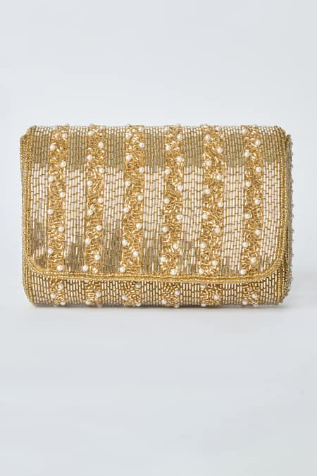 Shop Tasna Gold Pearls Lustrous And Cutdana Embellished Sling Bag at Aza Fashions Shop_Tasna_Gold Pearls Lustrous And Cutdana Embellished Sling Bag _at_Aza_Fashions
