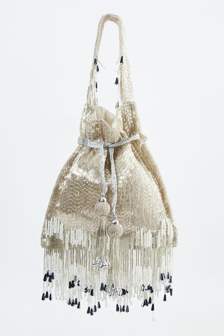 Shop Tasna Silver Cutdana Celeste Embroidered Potli Bag at Aza Fashions Shop_Tasna_Silver Cutdana Celeste Embroidered Potli Bag _at_Aza_Fashions