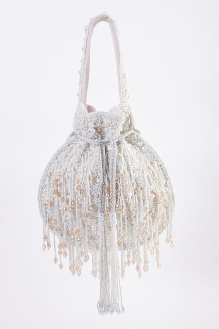 Shop Tasna White Pearls, Beads Florence Embroidered Potli Bag at Aza Fashions Shop_Tasna_White Pearls, Beads Florence Embroidered Potli Bag _at_Aza_Fashions