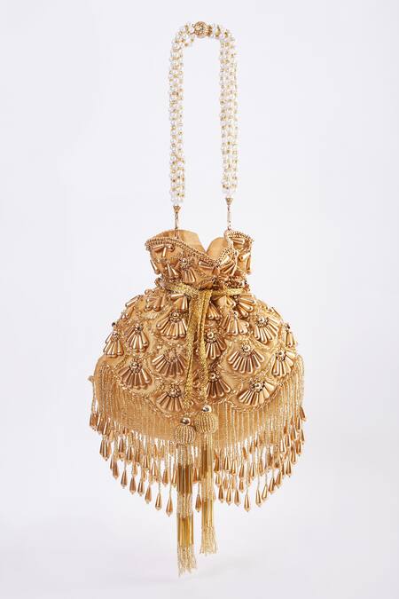Shop Tasna Gold Cutdana Sunkissed Bloom Embellished Potli Bag at Aza Fashions Shop_Tasna_Gold Cutdana Sunkissed Bloom Embellished Potli Bag_at_Aza_Fashions
