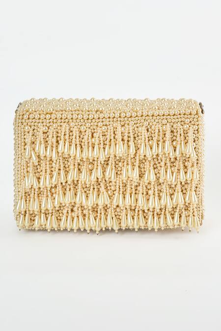 Shop Tasna Gold Pearls, Tassels Embellished Sling Bag at Aza Fashions Shop_Tasna_Gold Pearls, Tassels Embellished Sling Bag _at_Aza_Fashions