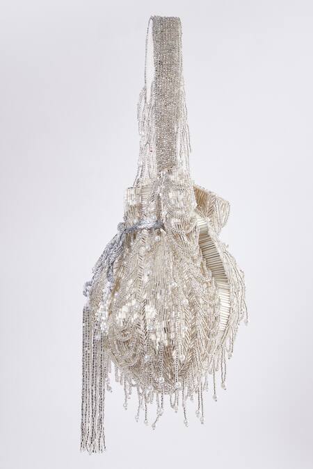 Tasna Silver Crystals, Cut Work Lunar Cutdana Embellished Potli Bag Online at Aza Fashions Tasna_Silver Crystals, Cut Work Lunar Cutdana Embellished Potli Bag _Online_at_Aza_Fashions