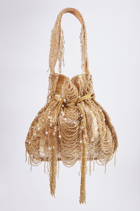 Shop Tasna Gold Crystals, Cut Work Sunshine Bloom Cutdana Embellished Potli Bag at Aza Fashions Shop_Tasna_Gold Crystals, Cut Work Sunshine Bloom Cutdana Embellished Potli Bag _at_Aza_Fashions