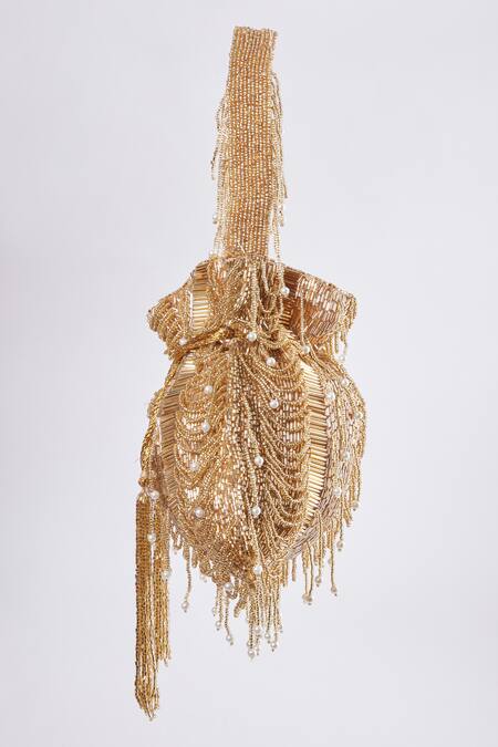 Tasna Gold Crystals, Cut Work Sunshine Bloom Cutdana Embellished Potli Bag Online at Aza Fashions Tasna_Gold Crystals, Cut Work Sunshine Bloom Cutdana Embellished Potli Bag _Online_at_Aza_Fashions