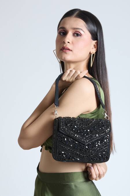 Buy Black Crystal Bloom Embellished Sling Bag by Tasna Online at Aza Fashions