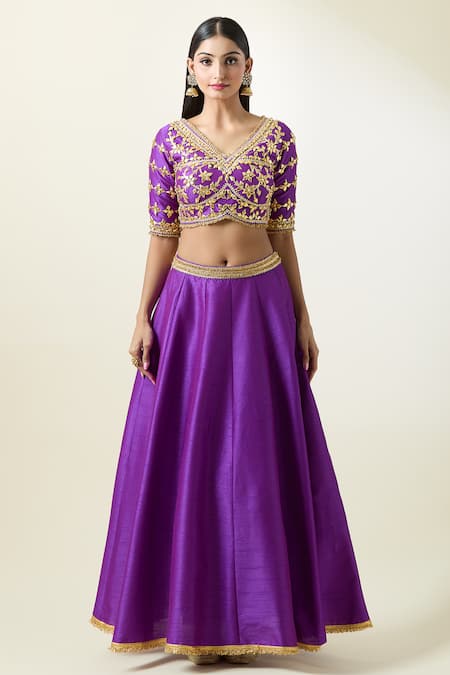 Preeti S Kapoor_Purple Silk, Denim, Viscose Embroidery, Gota Patti V-neck Waistband Lehenga Set _Online_at_Aza_Fashions