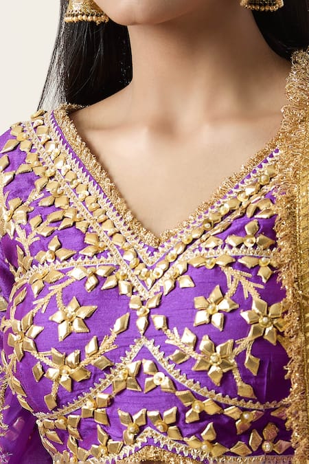 Buy_Preeti S Kapoor_Purple Silk, Denim, Viscose Embroidery, Gota Patti V-neck Waistband Lehenga Set _Online_at_Aza_Fashions