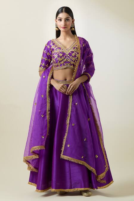 Shop_Preeti S Kapoor_Purple Silk, Denim, Viscose Embroidery, Gota Patti V-neck Waistband Lehenga Set _Online_at_Aza_Fashions