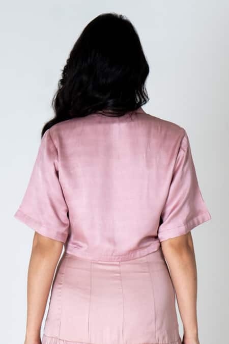 Shop Neora By Nehal Chopra Pink Bemberg Modal Silk Colour Block Lapel Collar Pocket Crop Shirt at Aza Fashions Shop_Neora By Nehal Chopra_Pink Bemberg Modal Silk Colour Block Lapel Collar Pocket Crop Shirt _at_Aza_Fashions