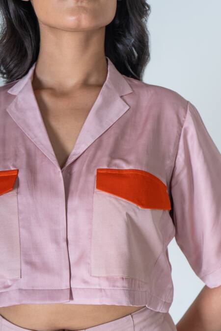 Neora By Nehal Chopra Pink Bemberg Modal Silk Colour Block Lapel Collar Pocket Crop Shirt Online at Aza Fashions Neora By Nehal Chopra_Pink Bemberg Modal Silk Colour Block Lapel Collar Pocket Crop Shirt _Online_at_Aza_Fashions