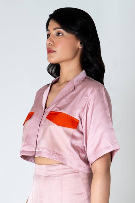 Buy Neora By Nehal Chopra Pink Bemberg Modal Silk Colour Block Lapel Collar Pocket Crop Shirt Online at Aza Fashions Buy_Neora By Nehal Chopra_Pink Bemberg Modal Silk Colour Block Lapel Collar Pocket Crop Shirt _Online_at_Aza_Fashions